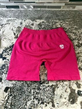 Girls Hot Pink Stretch Bike Shorts with White Skull Accent